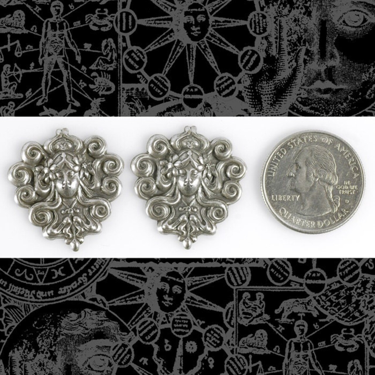 Antiqued Silver Plated Brass Vintage Goddess with Flying Hair Pendants - Set of Two - S-P49